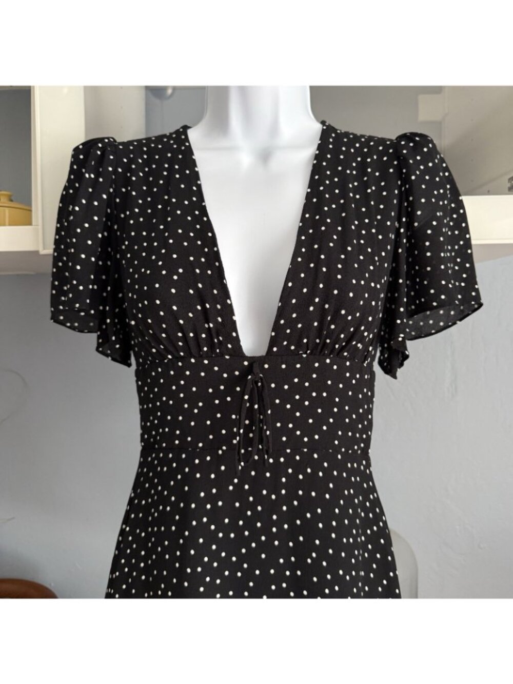 Reformation Mya Black White Polka Dot Mini Dress V-Neck - Picture 7 of 9